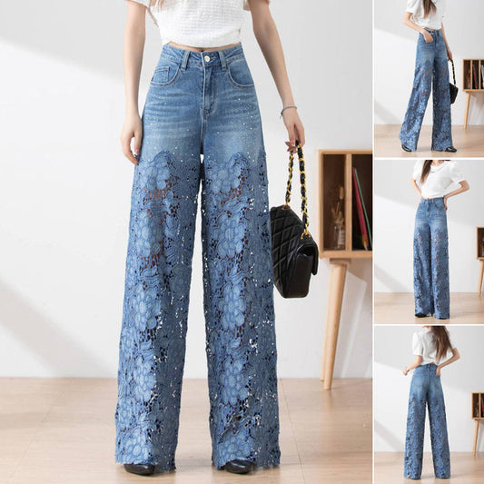 Vintage-inspirierte High Waist Jeans mit weitem Bein und femininen Spitzeneinsätzen