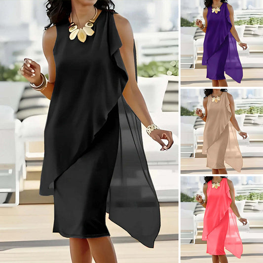 Ärmelloses Damen-Sommerkleid mit Rundhalsausschnitt, asymmetrischem Schnitt & Mesh