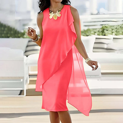 Ärmelloses Damen-Sommerkleid mit Rundhalsausschnitt, asymmetrischem Schnitt & Mesh