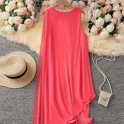 Ärmelloses Damen-Sommerkleid mit Rundhalsausschnitt, asymmetrischem Schnitt & Mesh
