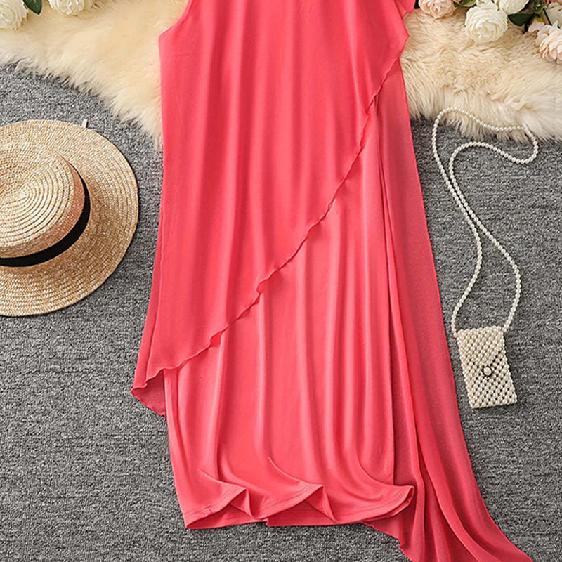 Ärmelloses Damen-Sommerkleid mit Rundhalsausschnitt, asymmetrischem Schnitt & Mesh